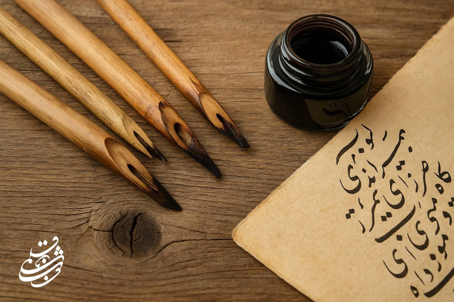 قلم‌نی و دوات روی میز چوب